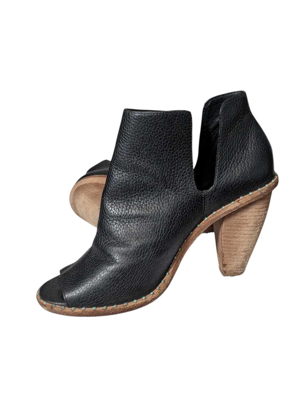 Black Peep-Toe Leather Cutout Heel Booties